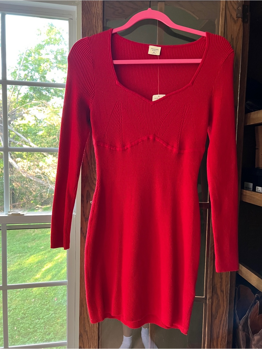 Abercrombie & Fitch Red Ribbed Long-Sleeve Knit Dress